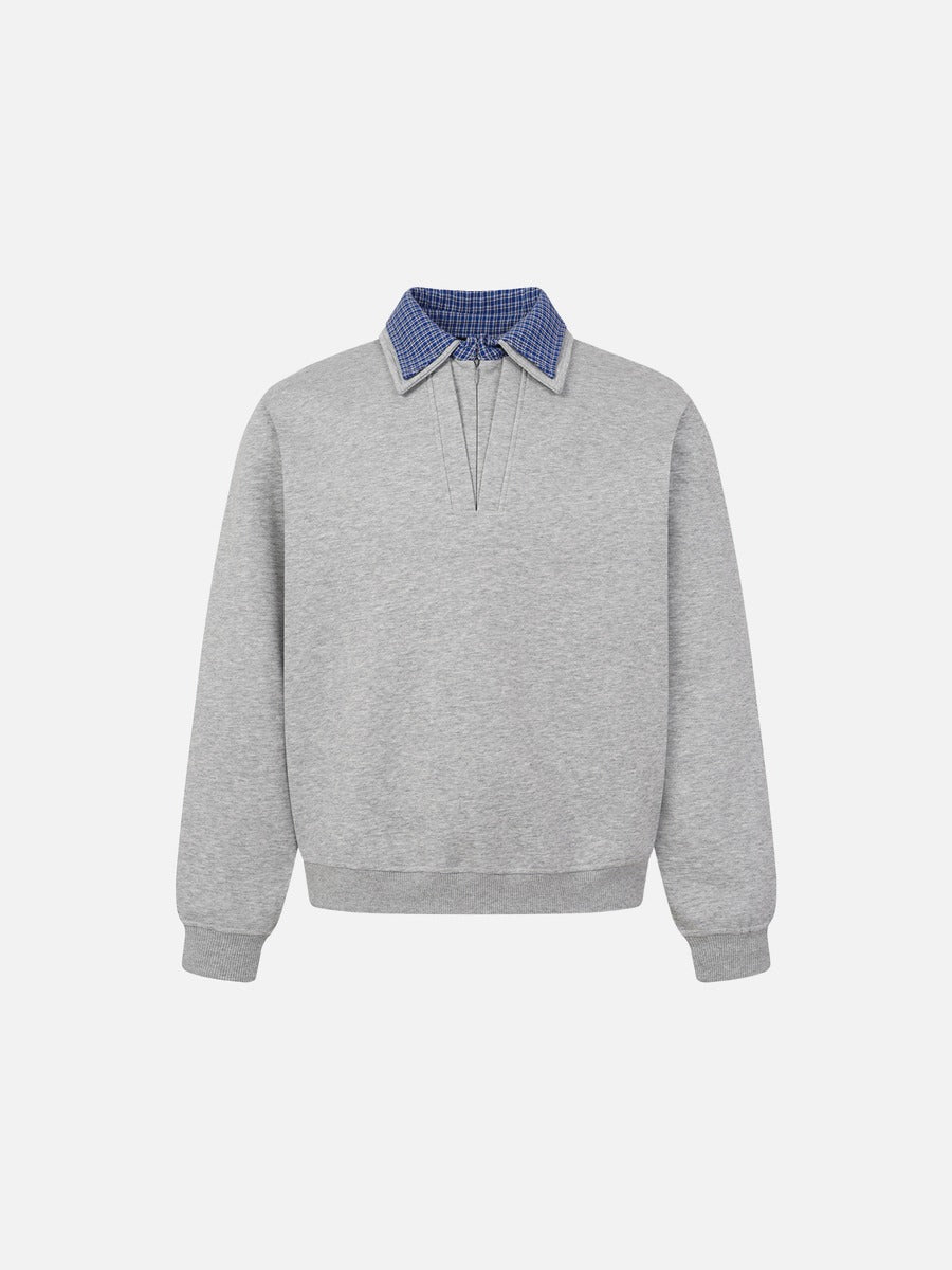 Contrasting Plaid Inner-Collar Long-Sleeve Sweatshirt