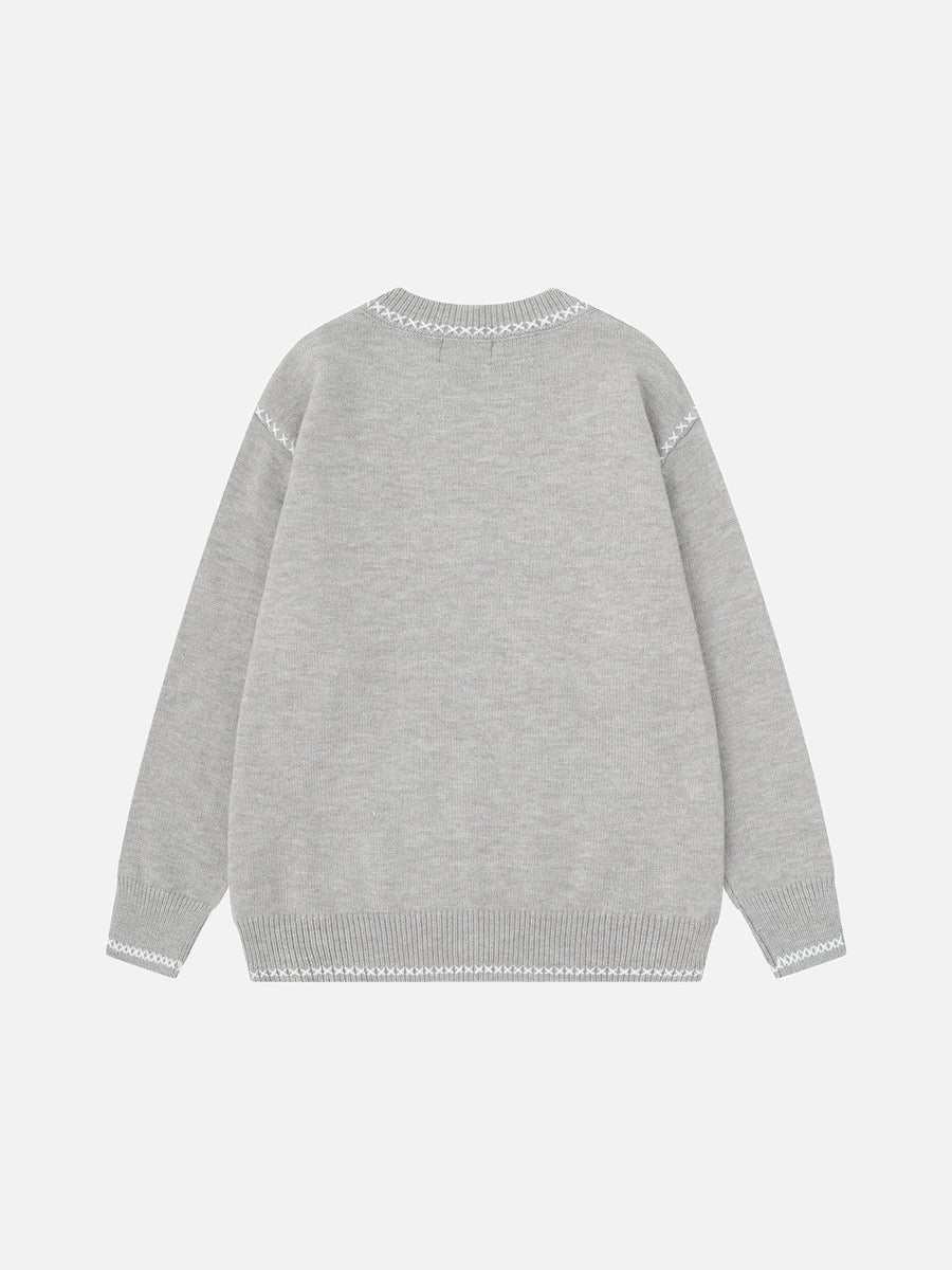 Contrasting White Embroidery Knit Sweater