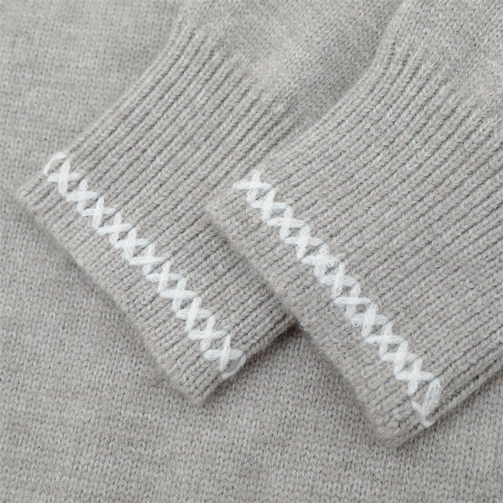 Contrasting White Embroidery Knit Sweater