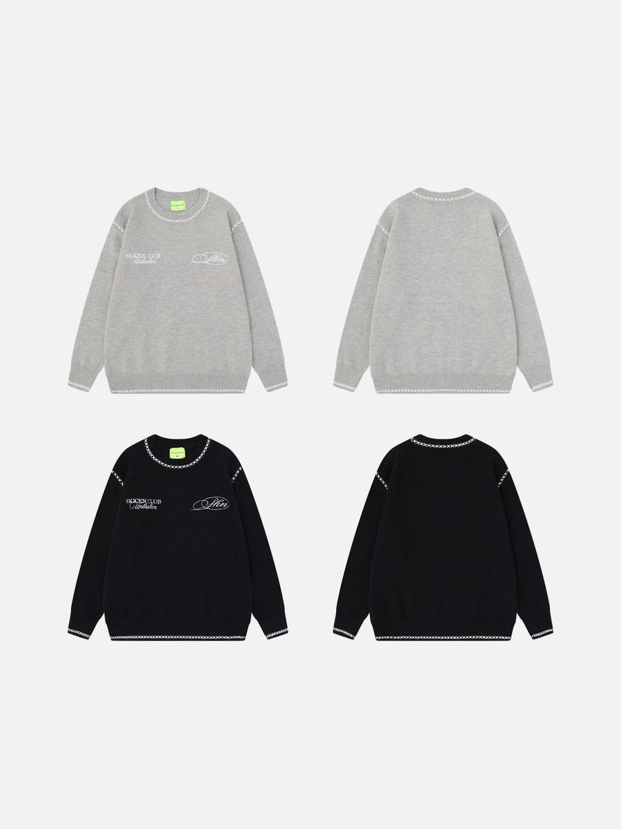 Contrasting White Embroidery Knit Sweater