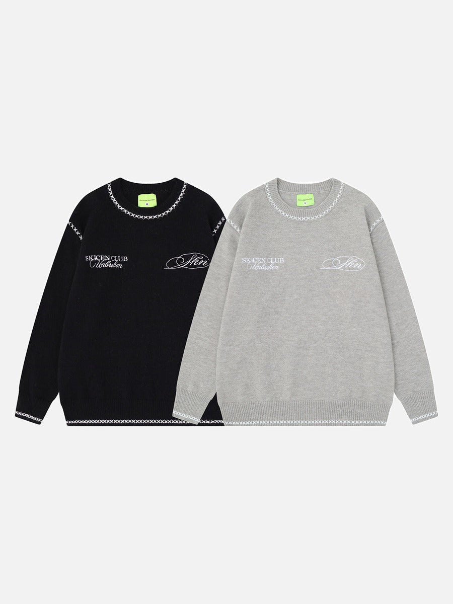 Contrasting White Embroidery Knit Sweater
