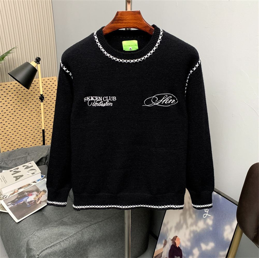Contrasting White Embroidery Knit Sweater