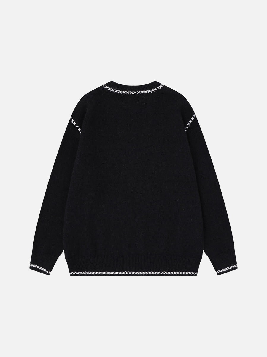 Contrasting White Embroidery Knit Sweater