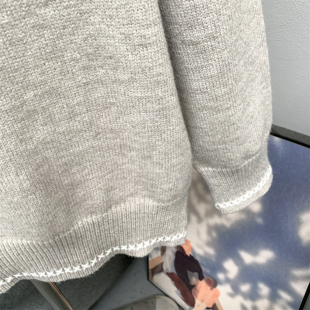 Contrasting White Embroidery Knit Sweater