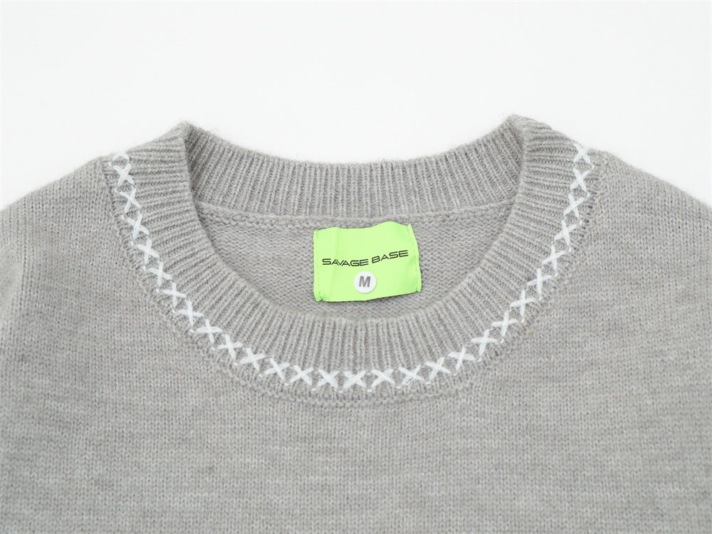 Contrasting White Embroidery Knit Sweater