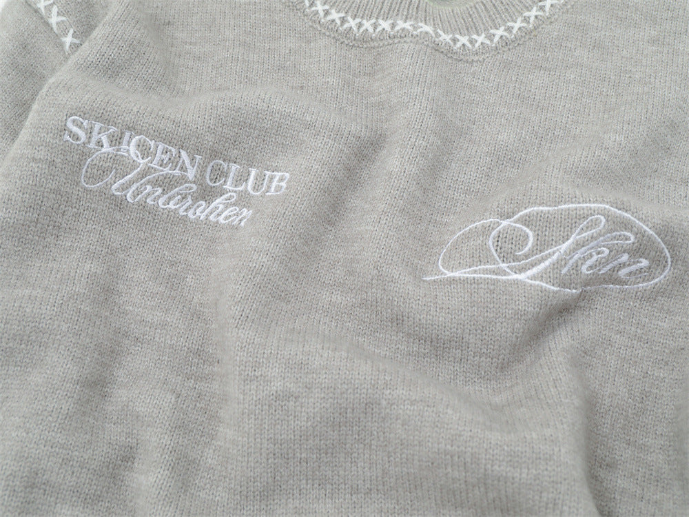 Contrasting White Embroidery Knit Sweater