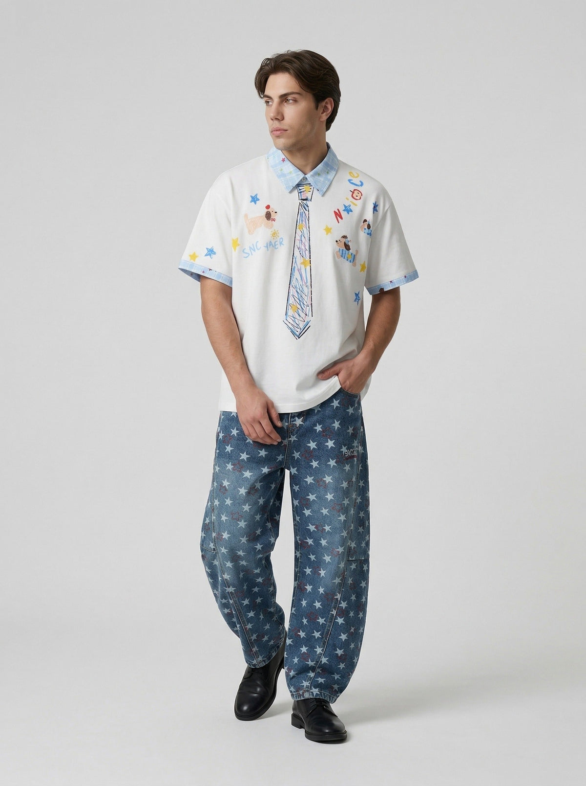 Crayon Print Gingham Collar Shirt