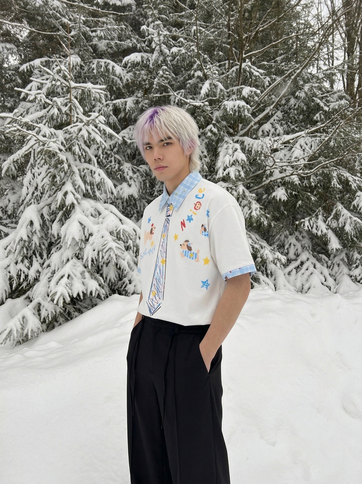 Crayon Print Gingham Collar Shirt