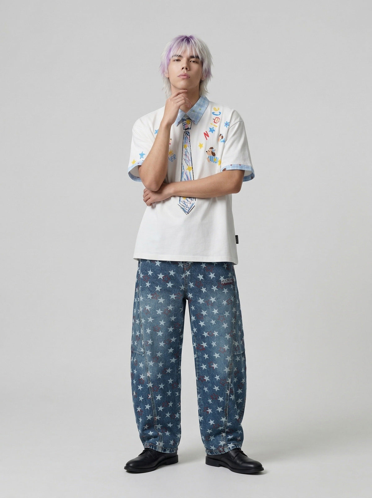 Crayon Print Gingham Collar Shirt