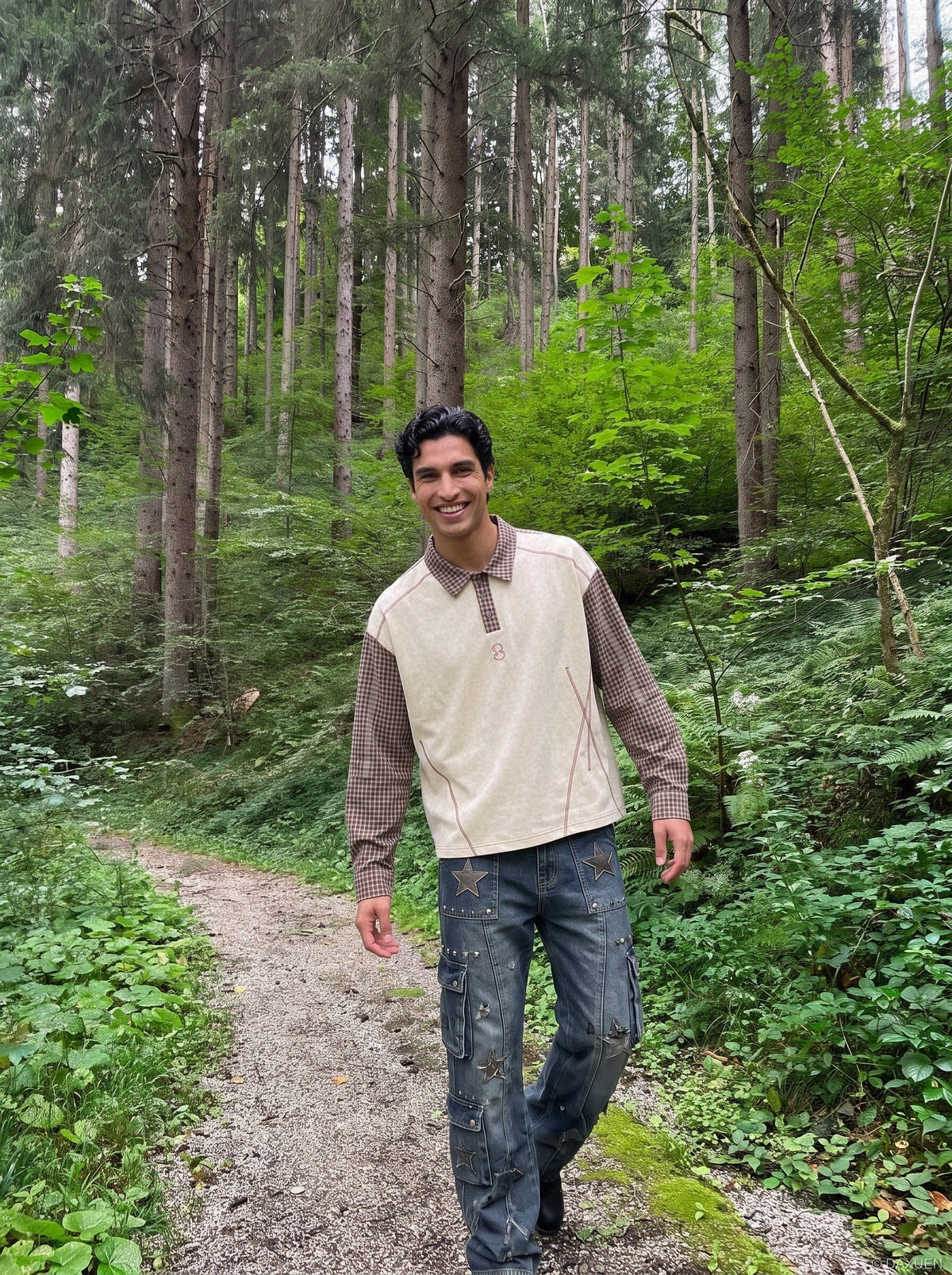 DAXUEN cream and brown plaid oversized polo shirt — model photo
