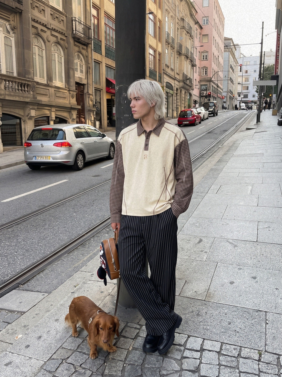 DAXUEN cream and brown plaid oversized polo shirt — model photo
