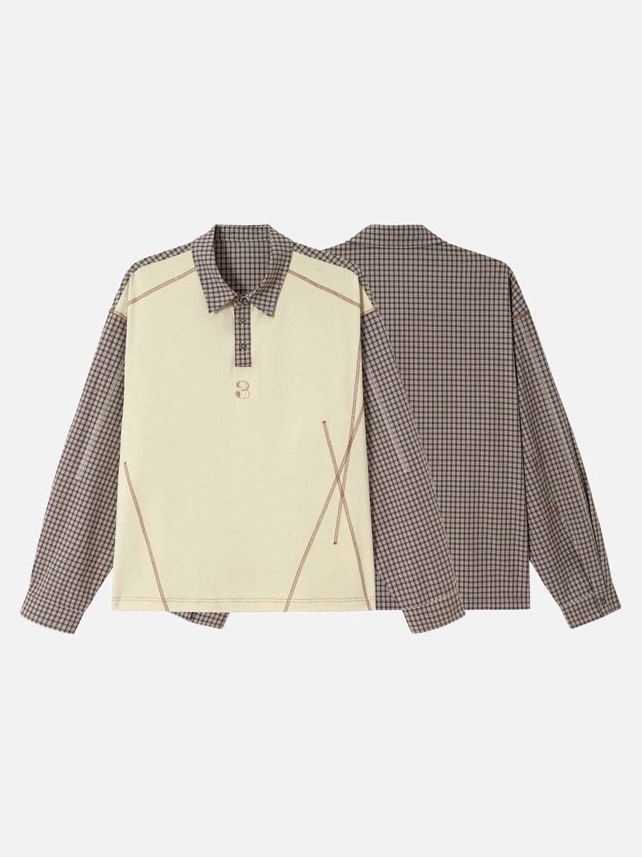 DAXUEN cream and brown plaid oversized polo shirt