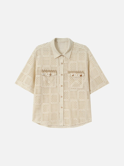 Camisa crema de croché con botones - Arroz Beige / M