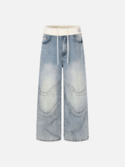 Cremefarbene Relaxed-Fit-Jeans mit geripptem Bund und weitem Bein - Gewaschenes Blau / S