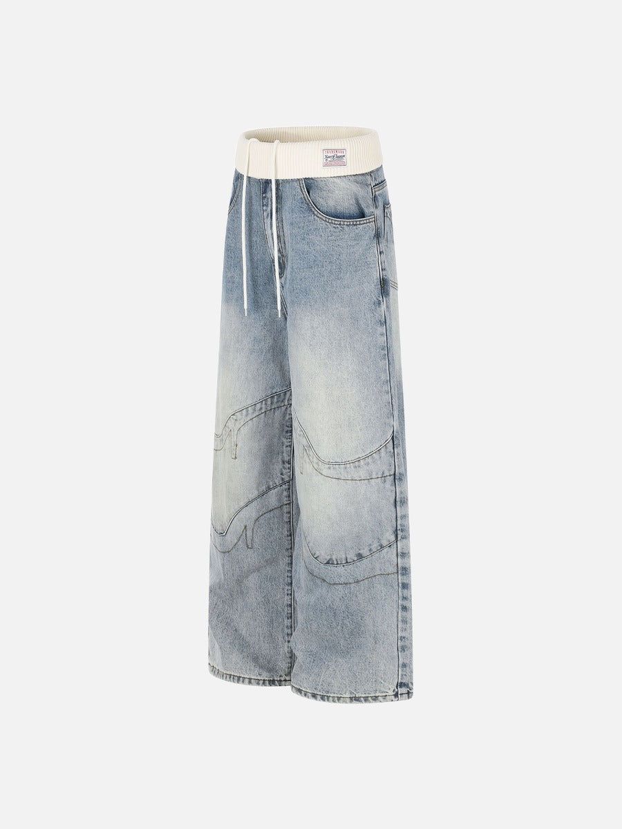 Cream Ribbed-Waist Relaxed Wide-Leg Jeans