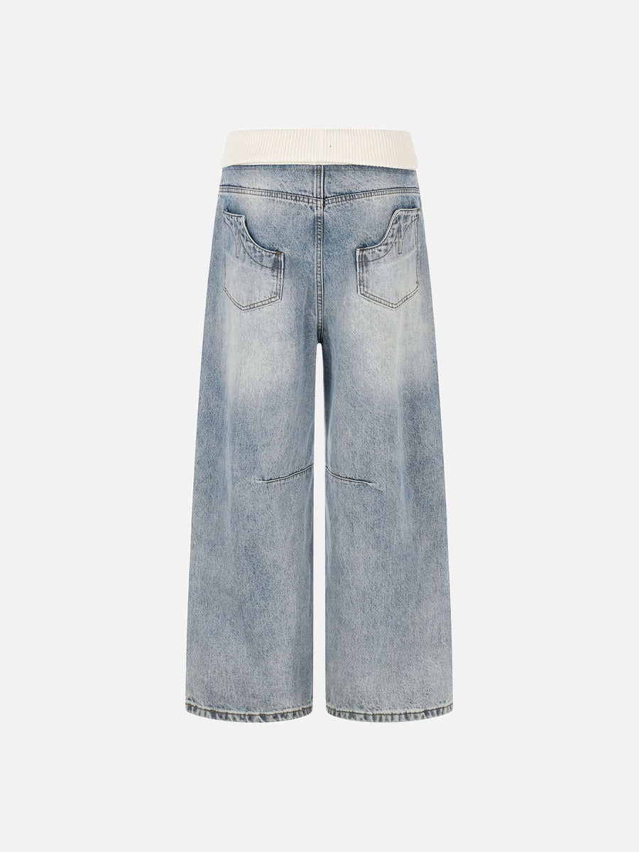 Cream Ribbed-Waist Relaxed Wide-Leg Jeans