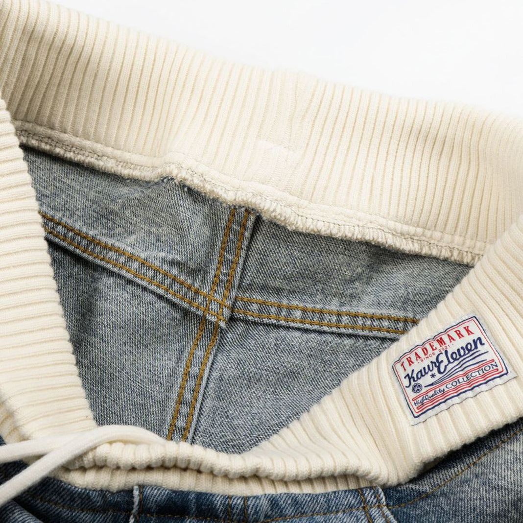 Cream Ribbed-Waist Relaxed Wide-Leg Jeans