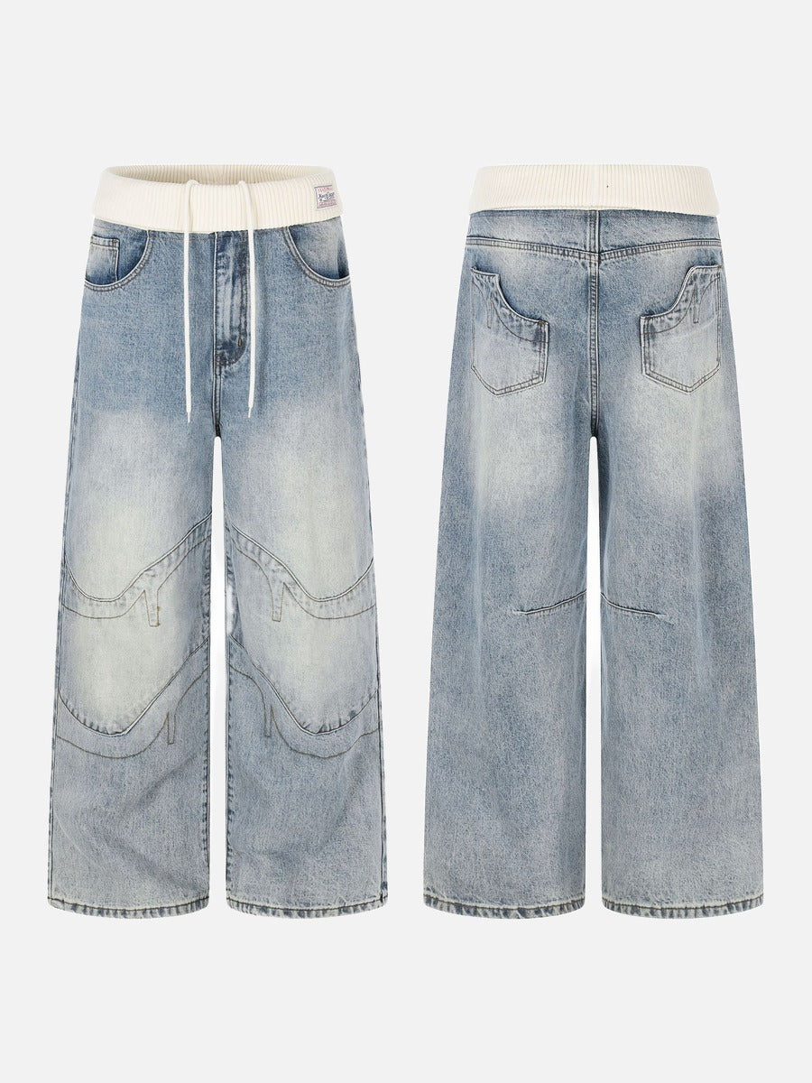 Cream Ribbed-Waist Relaxed Wide-Leg Jeans