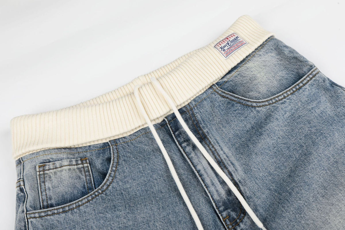 Cream Ribbed-Waist Relaxed Wide-Leg Jeans