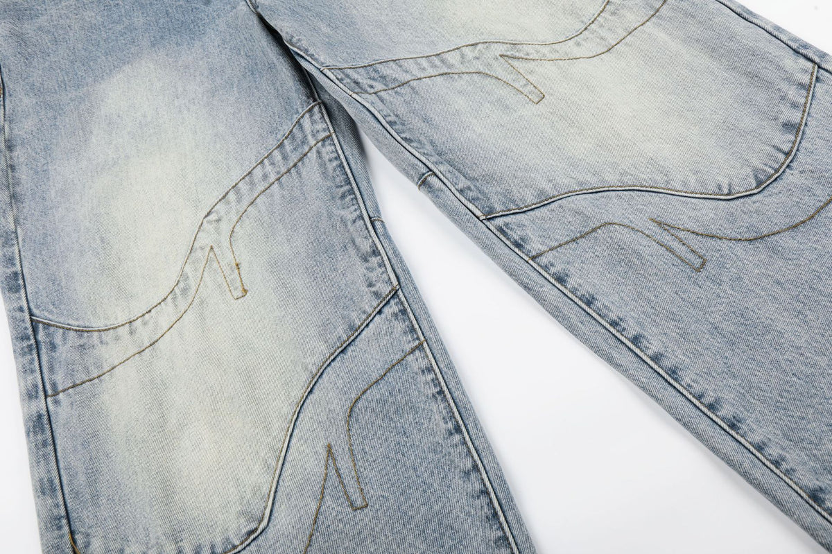 Cream Ribbed-Waist Relaxed Wide-Leg Jeans