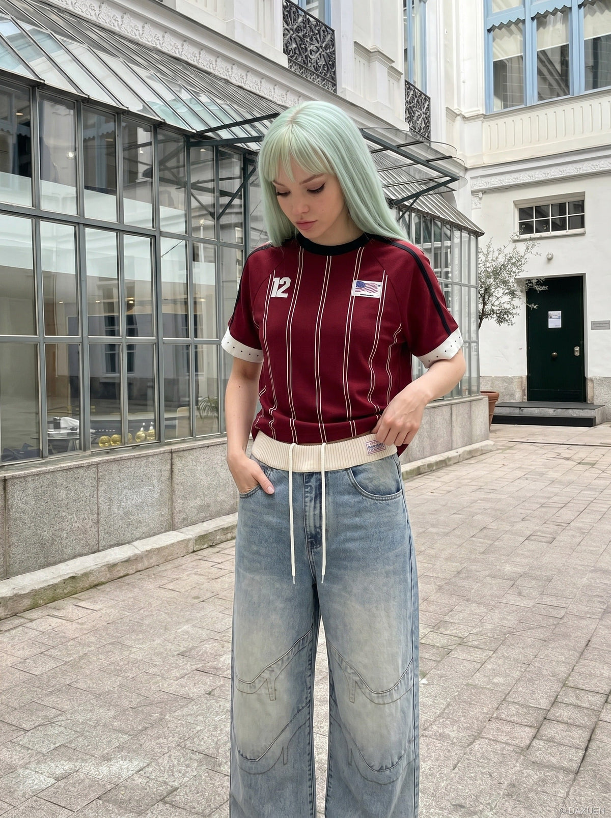 Cream Ribbed-Waist Relaxed Wide-Leg Jeans