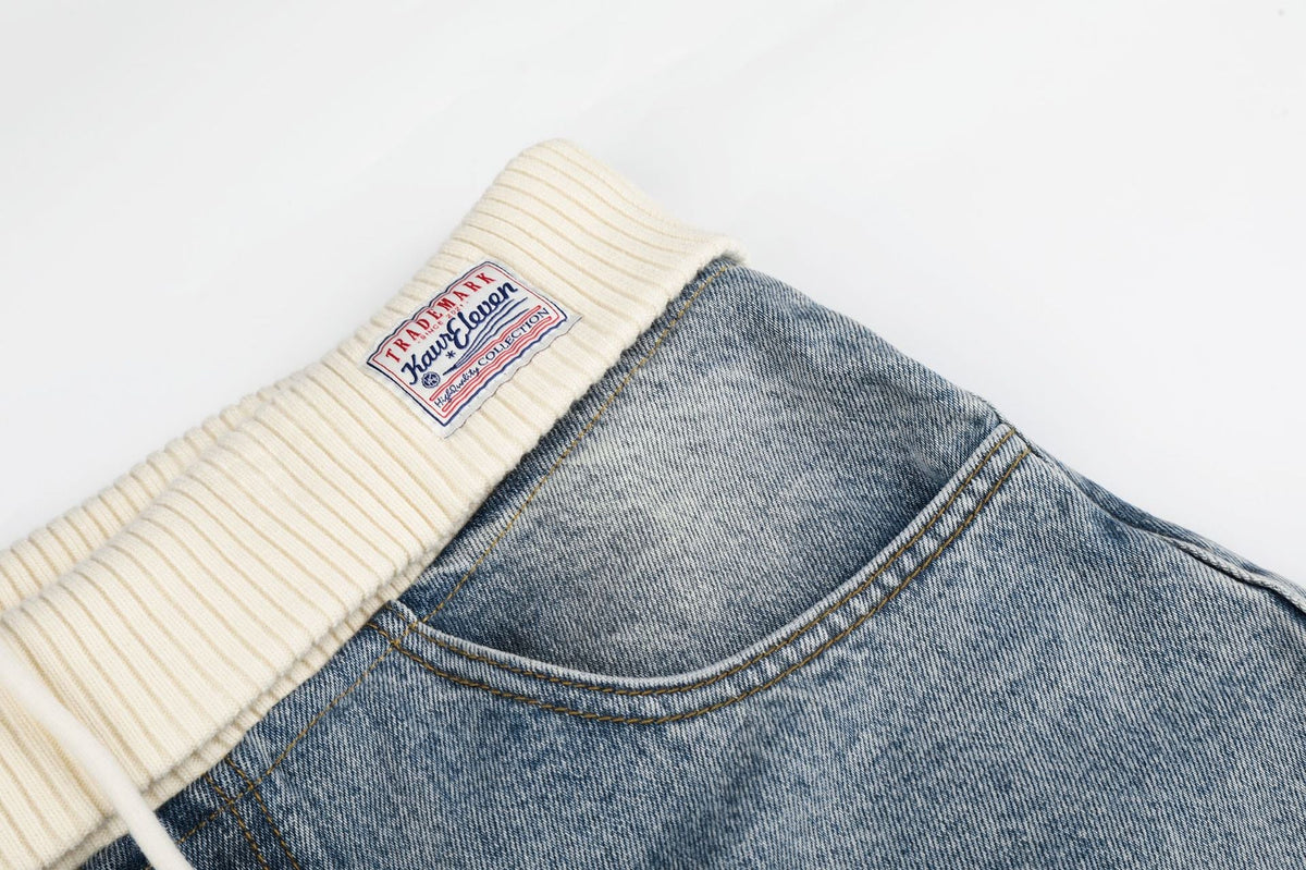 Cream Ribbed-Waist Relaxed Wide-Leg Jeans