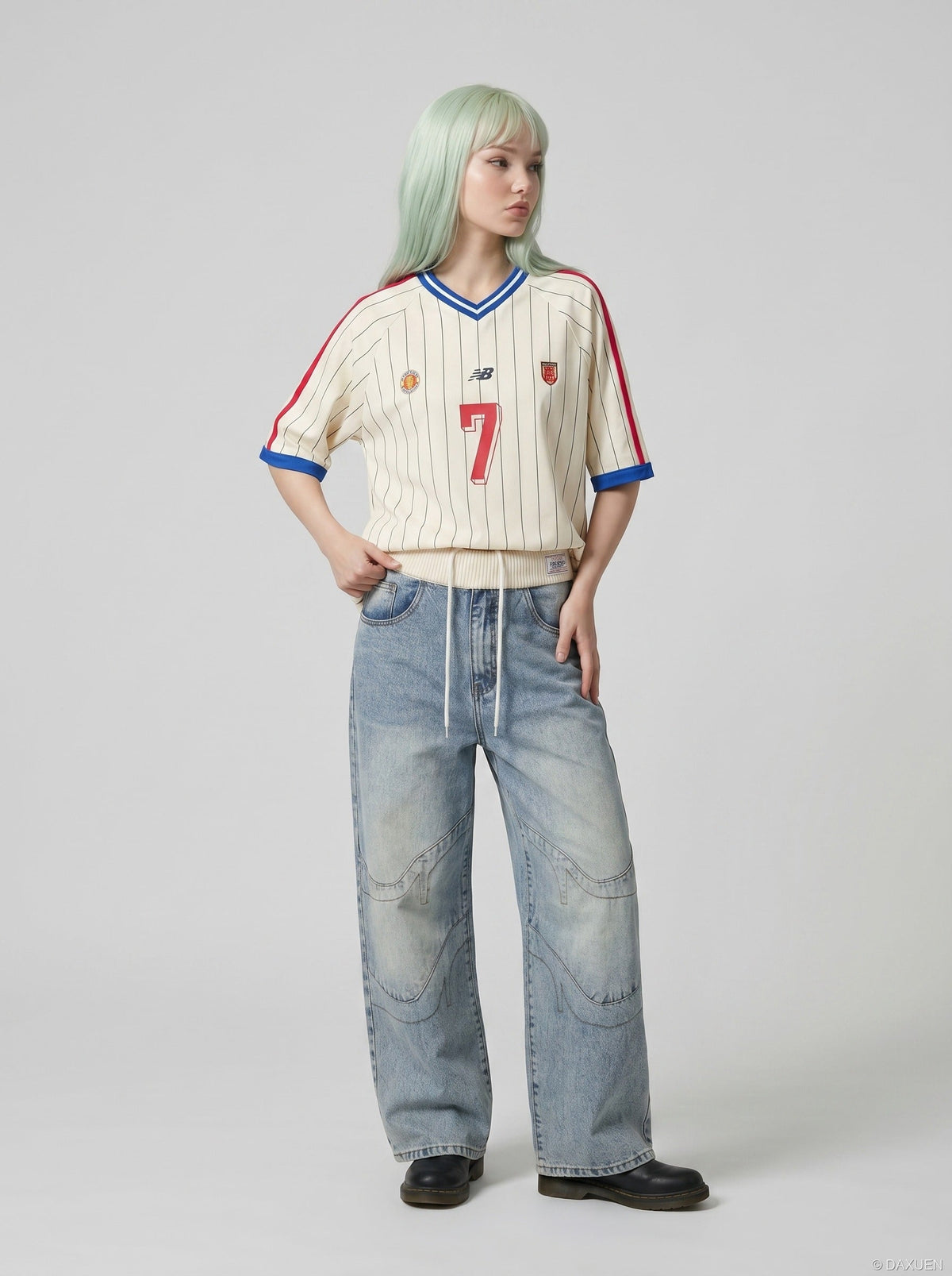 Cream Ribbed-Waist Relaxed Wide-Leg Jeans