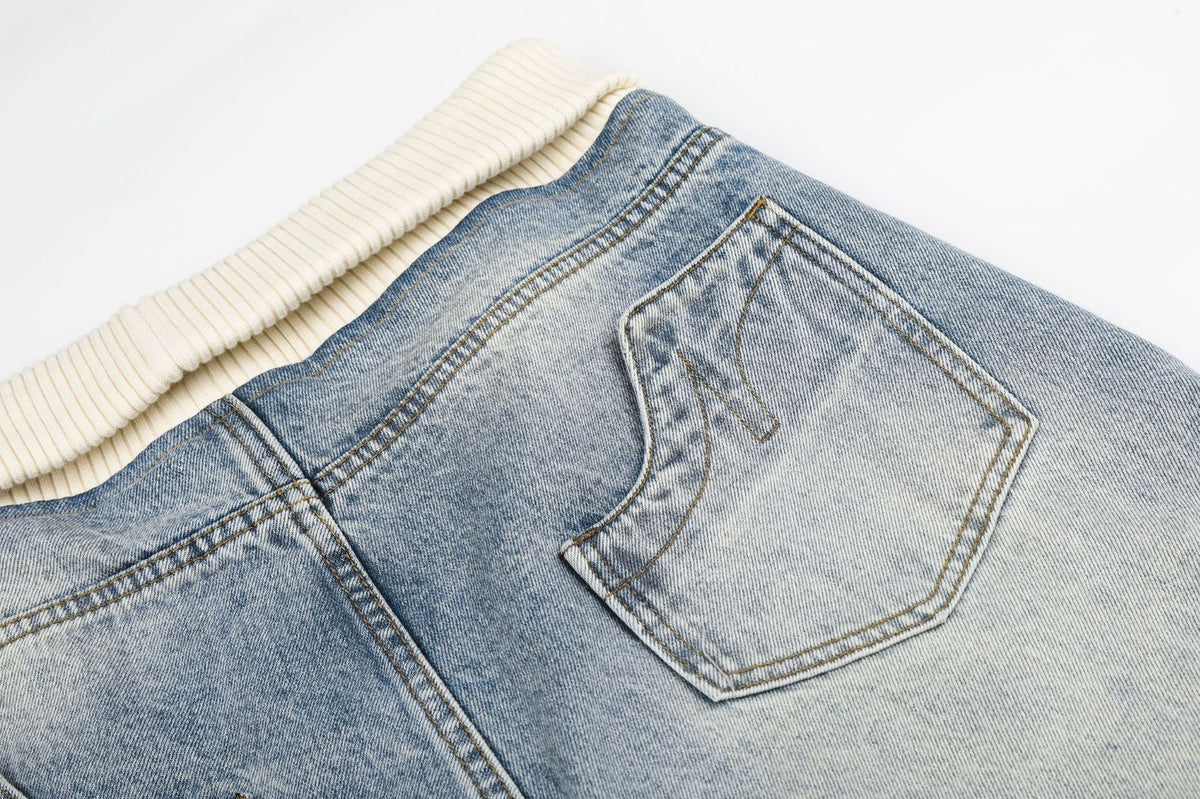 Cream Ribbed-Waist Relaxed Wide-Leg Jeans