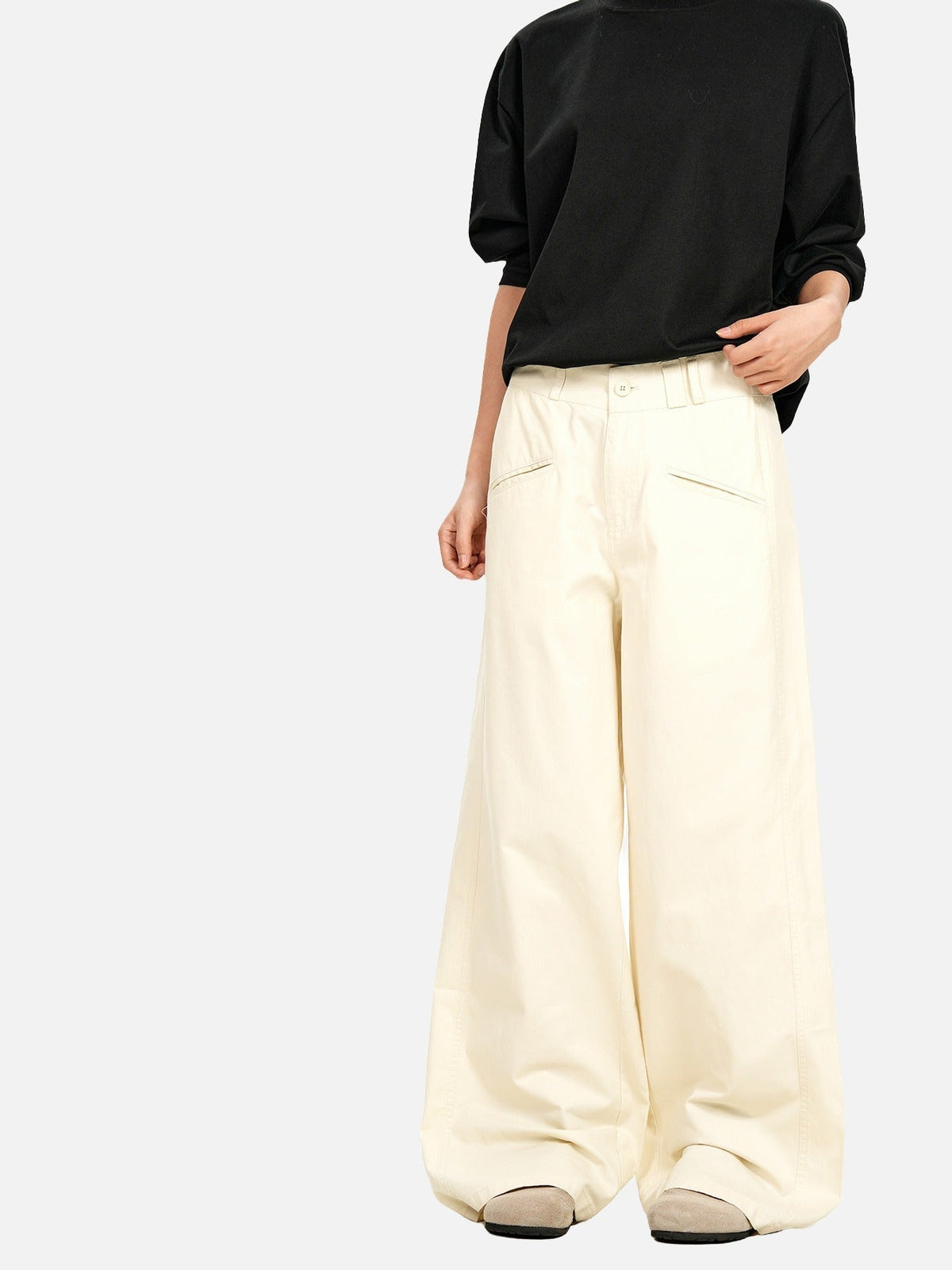 Cream Wide-Leg Relaxed Pants