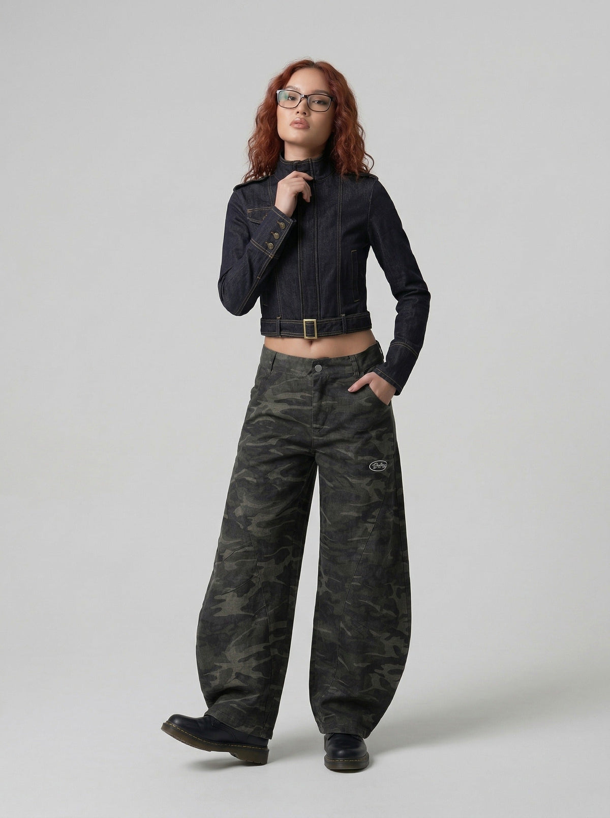 DAXUEN Cropped military denim jacket with gold stitching — model photo