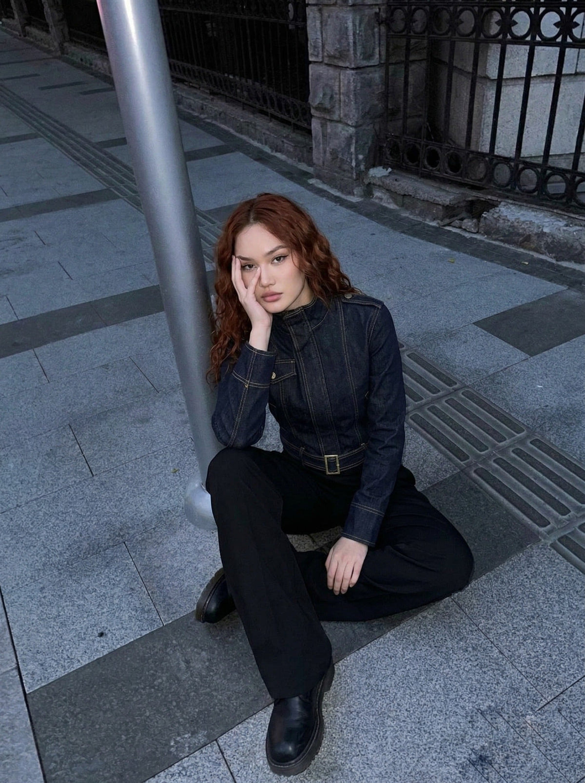 DAXUEN Cropped military denim jacket with gold stitching — model photo