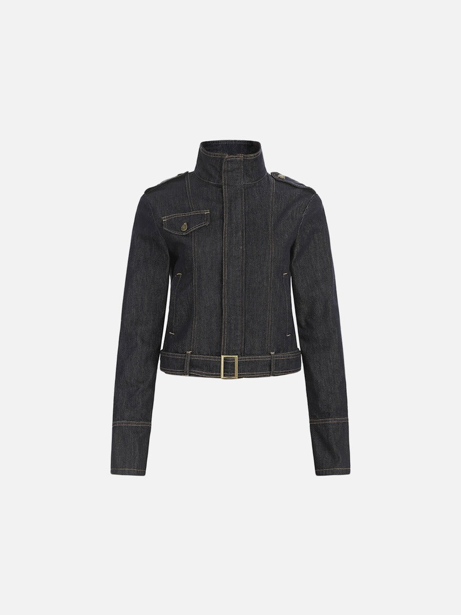 DAXUEN Cropped military denim jacket with gold stitching