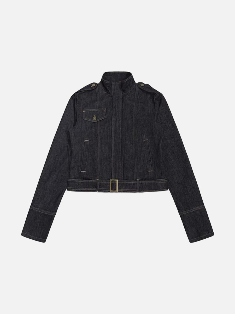 DAXUEN Cropped military denim jacket with gold stitching