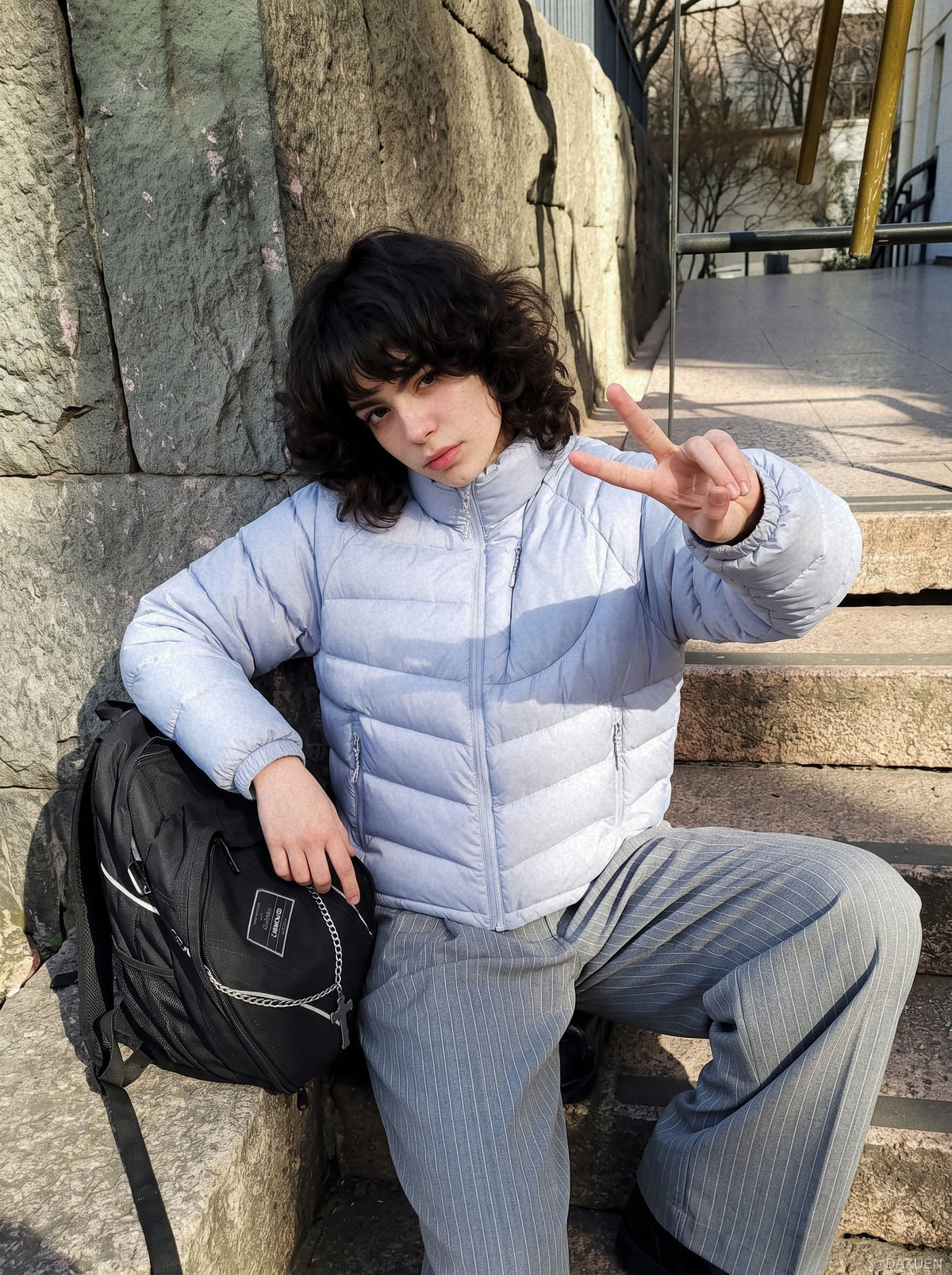 Curved Panel Light Blue Down Jacket