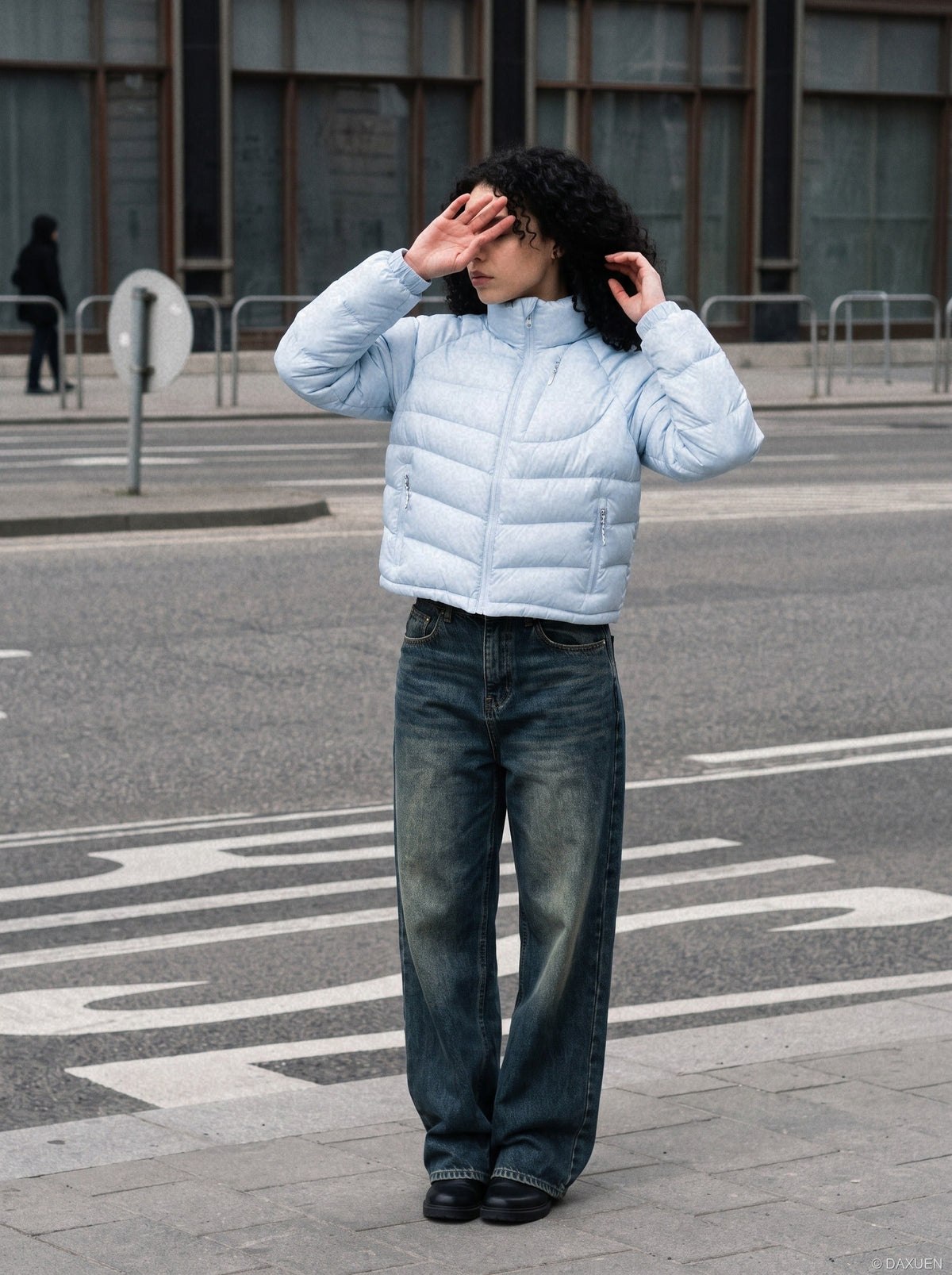 Curved Panel Light Blue Down Jacket