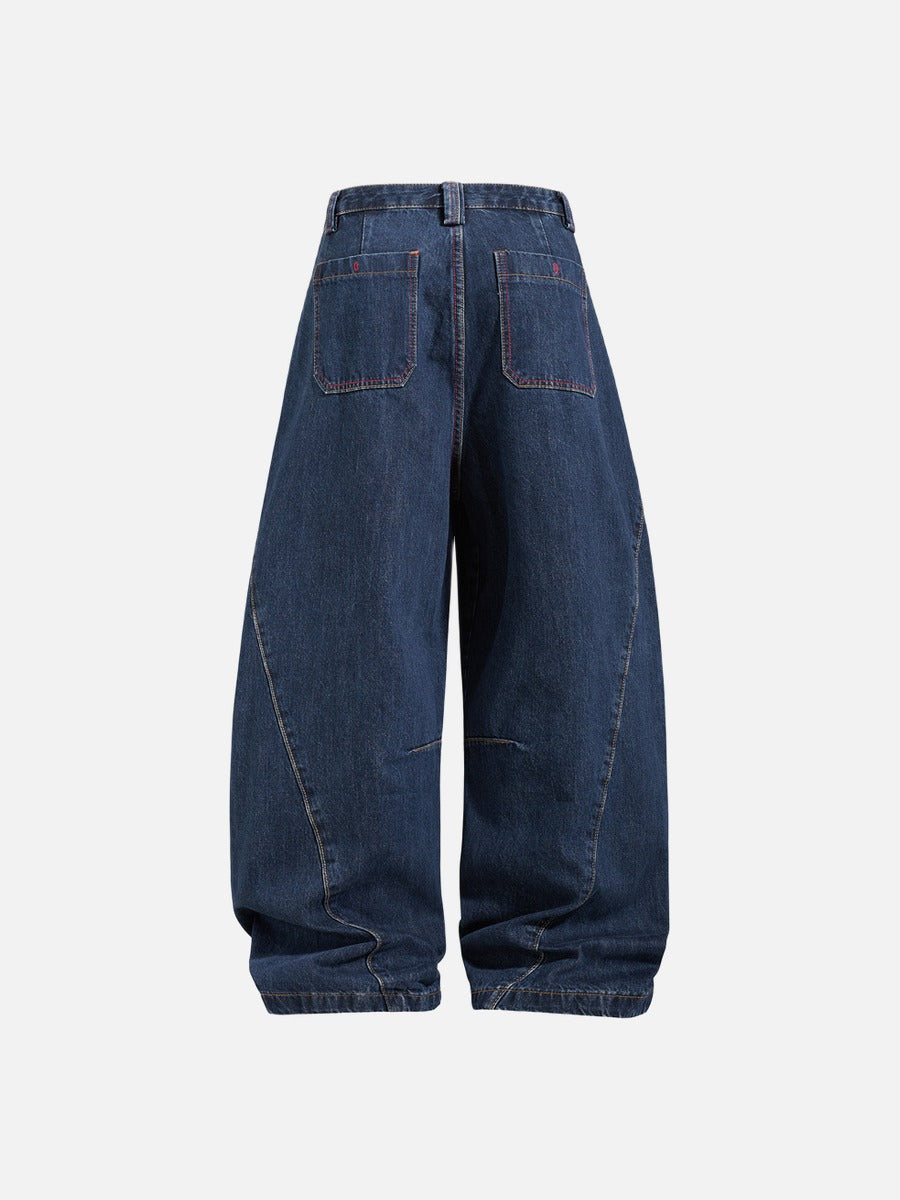 Curved Panel Wide-Leg Indigo Denim Jeans