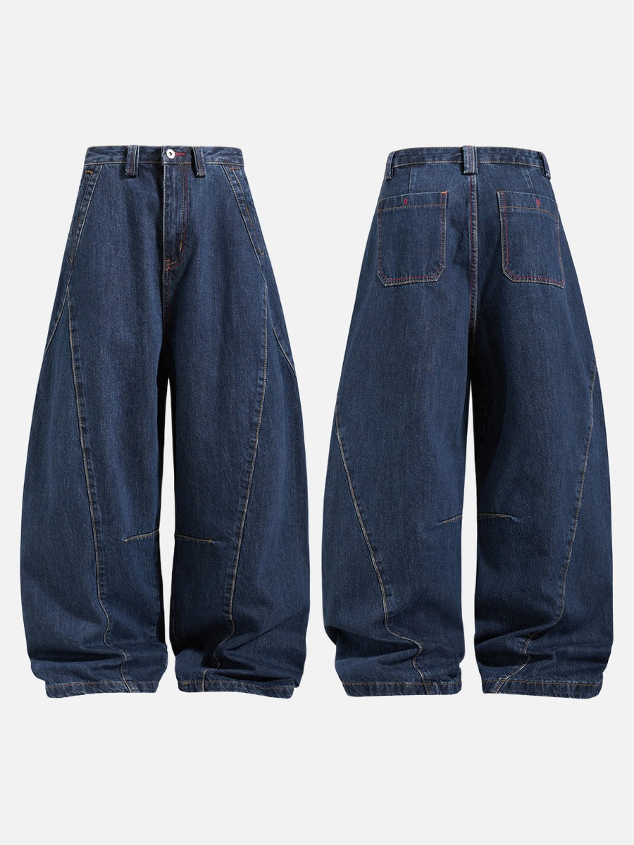 Curved Panel Wide-Leg Indigo Denim Jeans