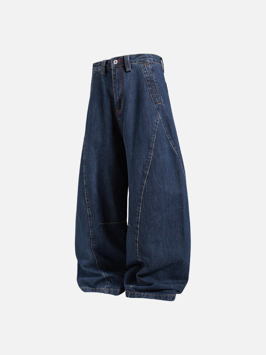 Curved Panel Wide-Leg Indigo Denim Jeans