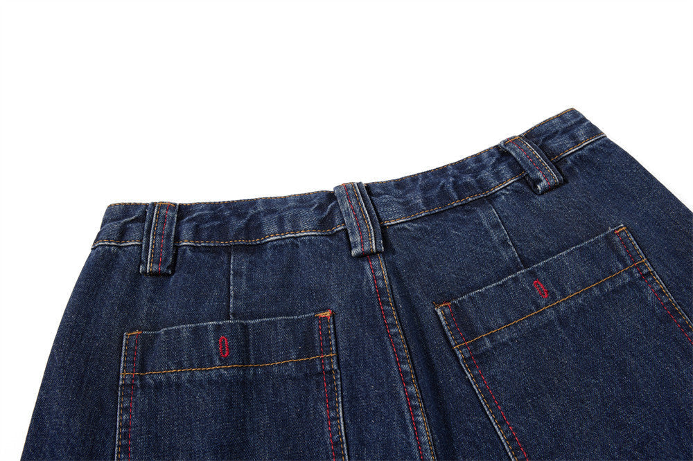 Curved Panel Wide-Leg Indigo Denim Jeans