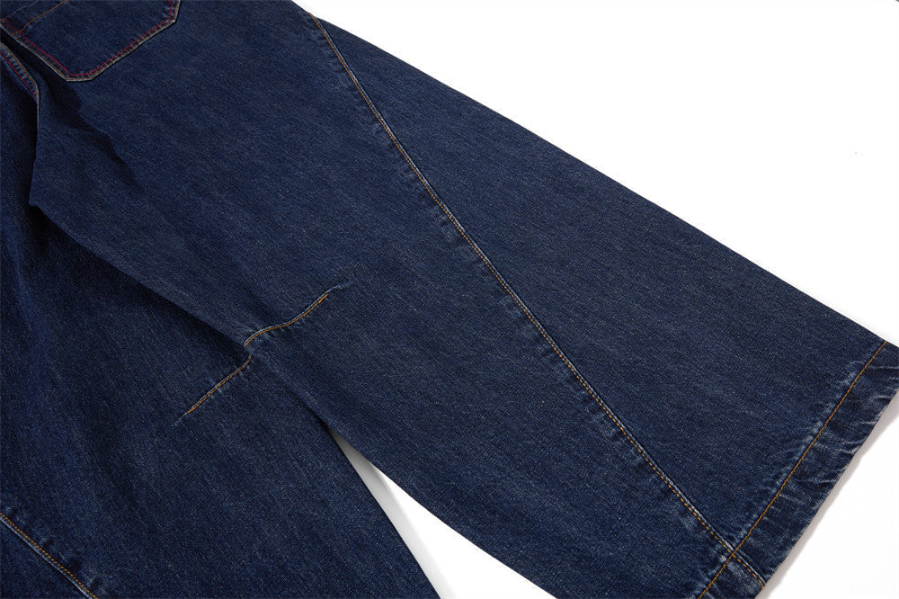 Curved Panel Wide-Leg Indigo Denim Jeans
