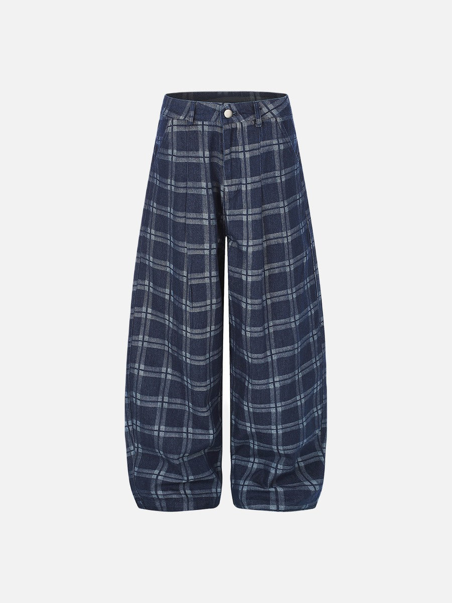DAXUEN dark blue plaid wide-leg trousers
