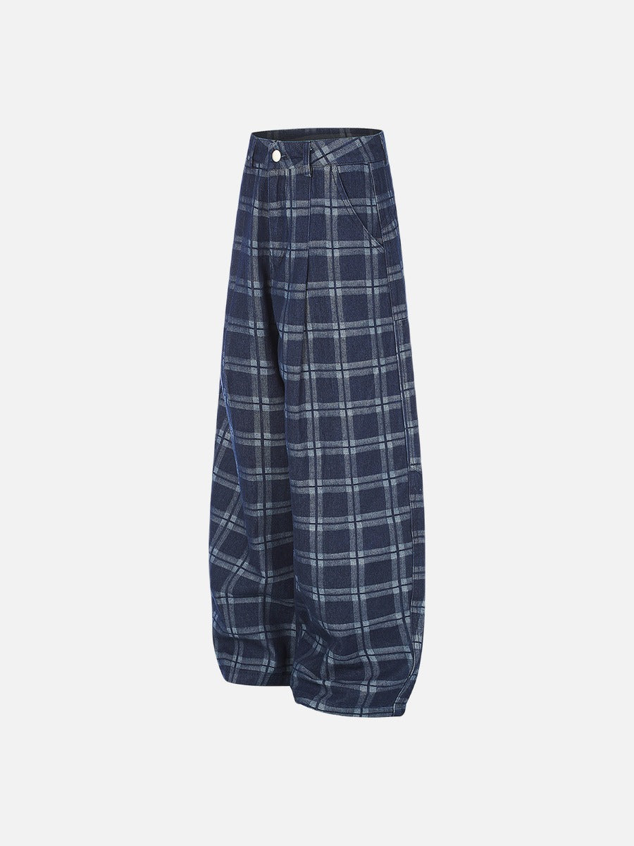 DAXUEN dark blue plaid wide-leg trousers