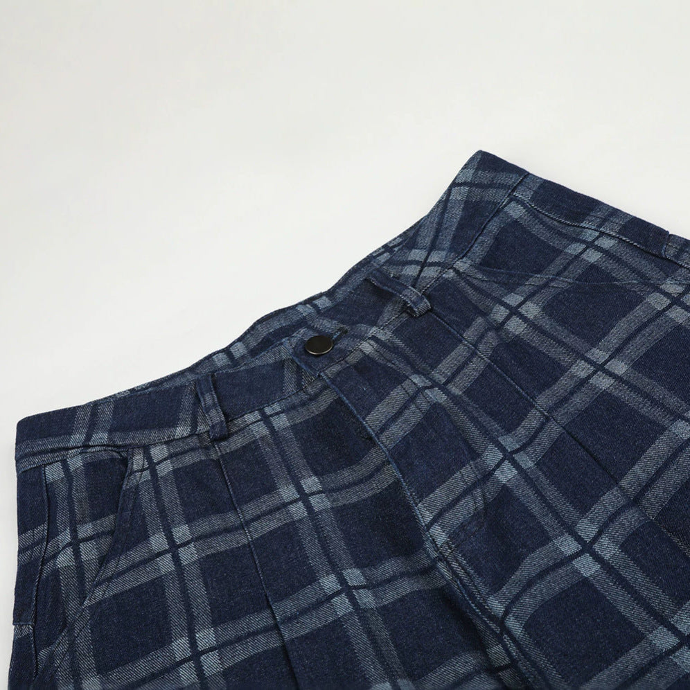 DAXUEN dark blue plaid wide-leg trousers