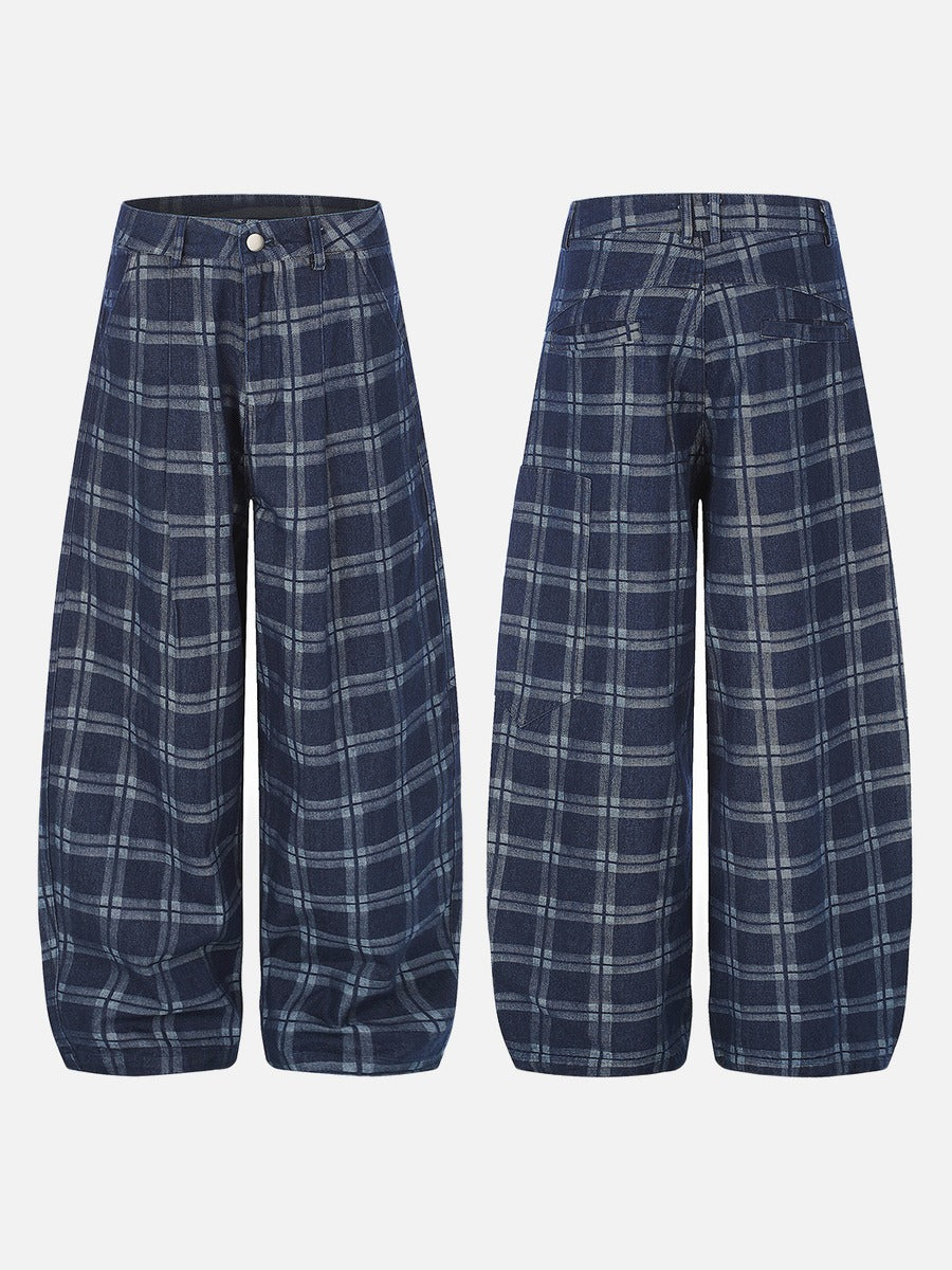 DAXUEN dark blue plaid wide-leg trousers