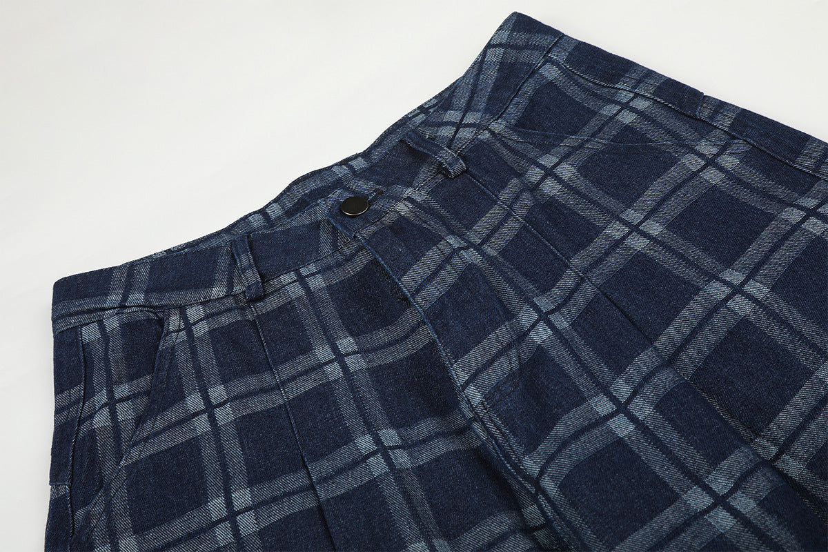 DAXUEN dark blue plaid wide-leg trousers
