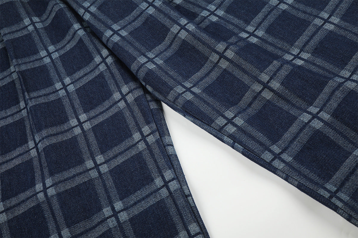 DAXUEN dark blue plaid wide-leg trousers