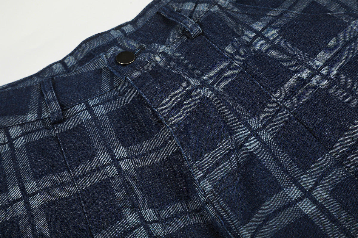 DAXUEN dark blue plaid wide-leg trousers