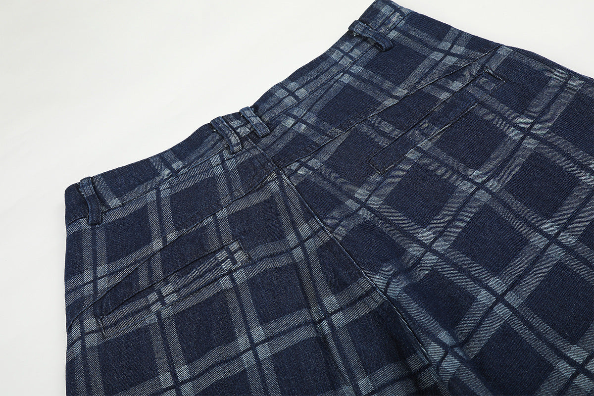 DAXUEN dark blue plaid wide-leg trousers