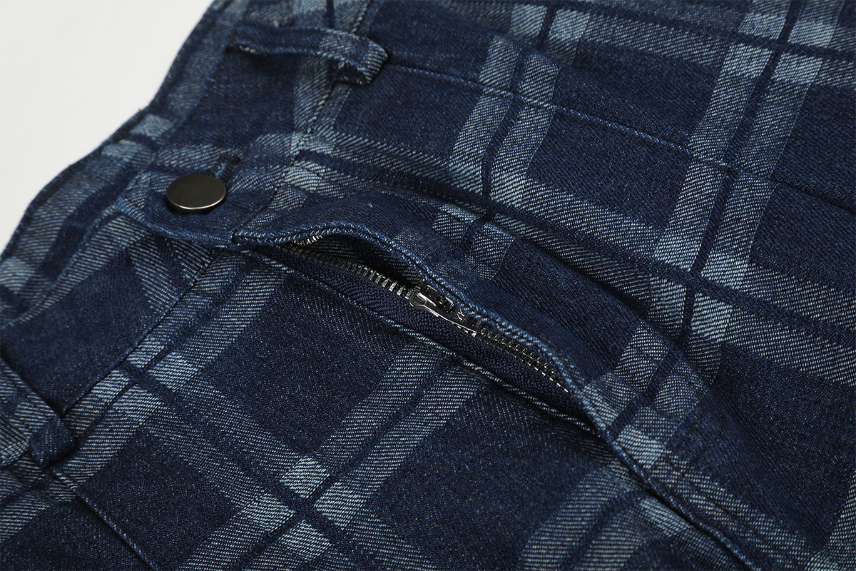 DAXUEN dark blue plaid wide-leg trousers