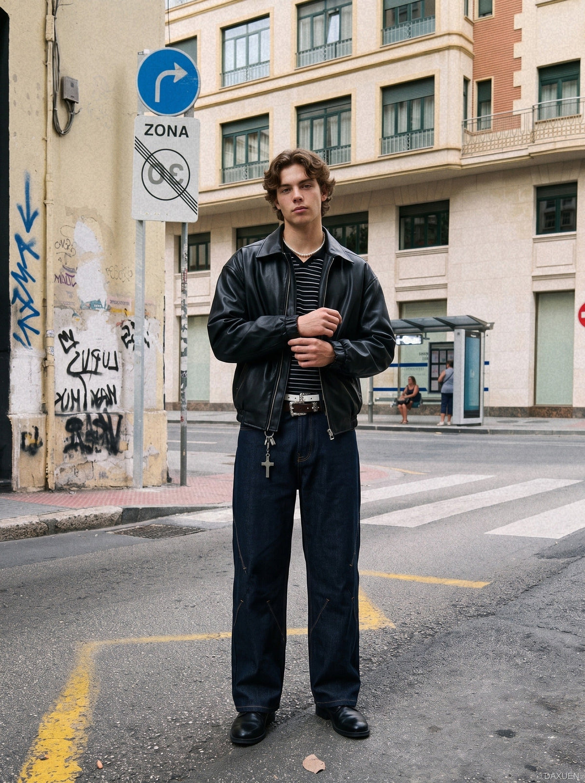 DAXUEN dark blue wide-leg denim jeans with contrast stitching — model photo